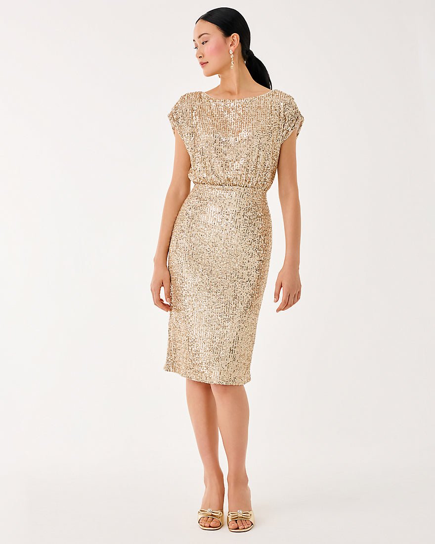 Lilly Pulitzer - Aylin Sequin Midi Dress - Gold Metallic Treasure Box Sequin Knit
