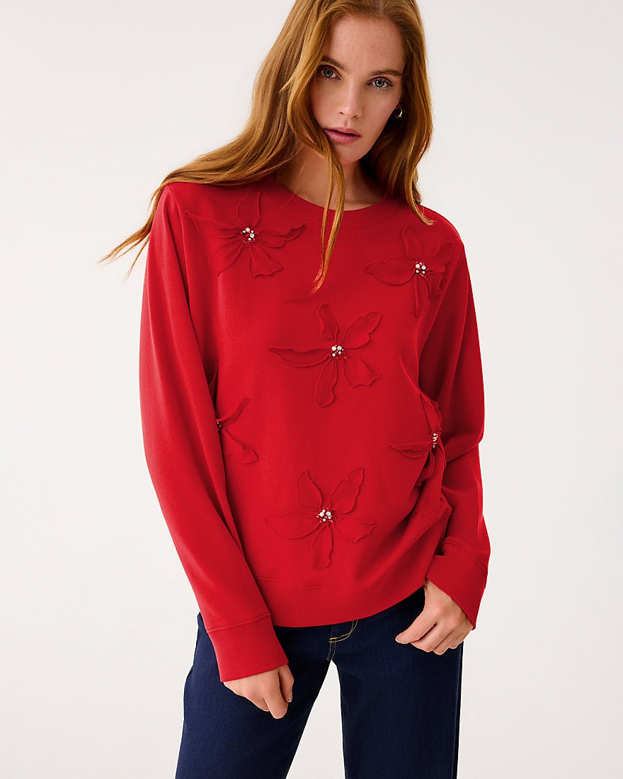 Ballad Long Sleeve Sweatshirt - Cranberry Red Poinsettia Embellishment