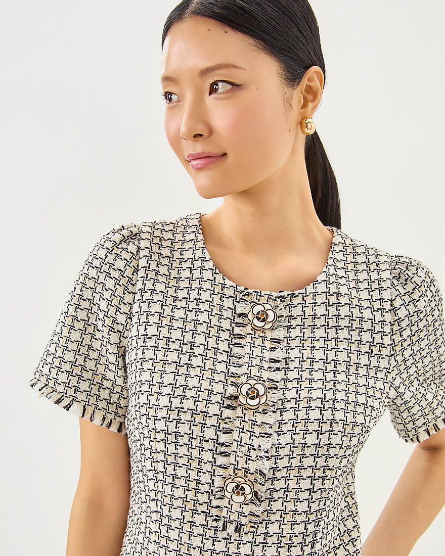 Brenda Boucle Dress - Coconut Lurex Houndstooth Boucle