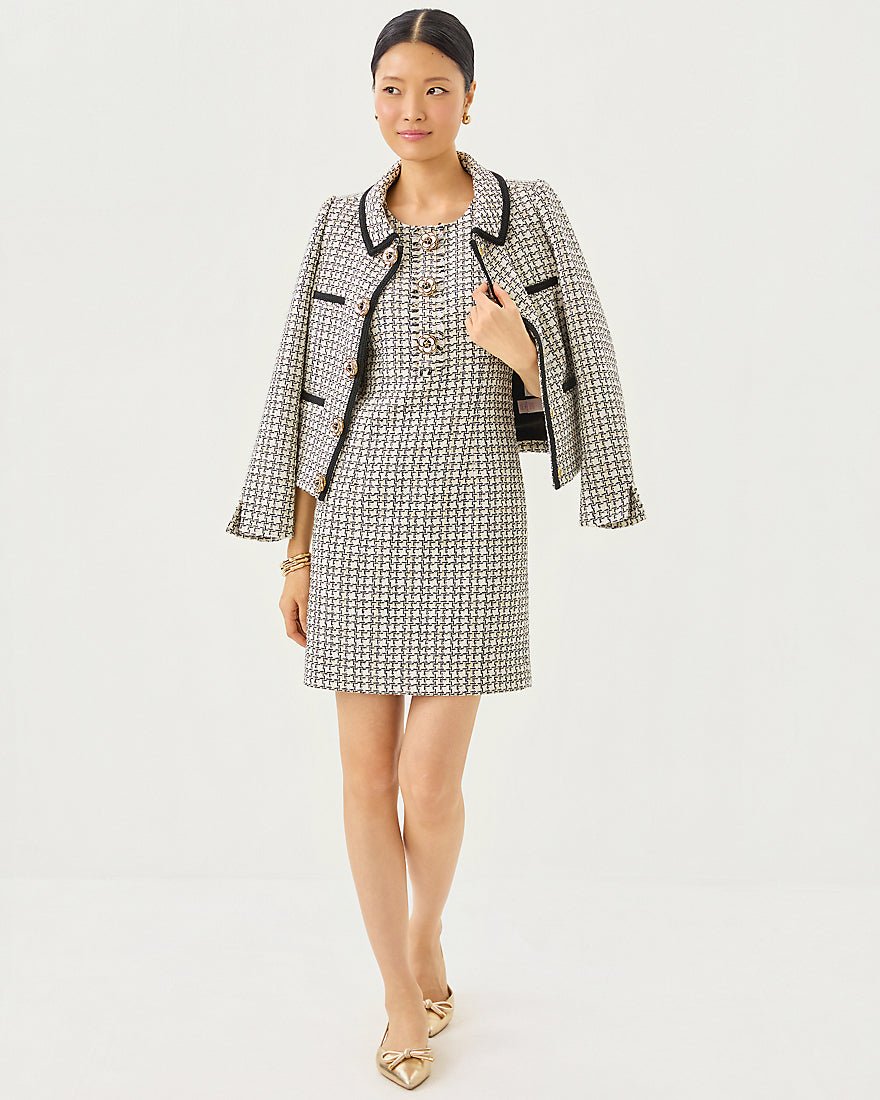 Brenda Boucle Dress - Coconut Lurex Houndstooth Boucle