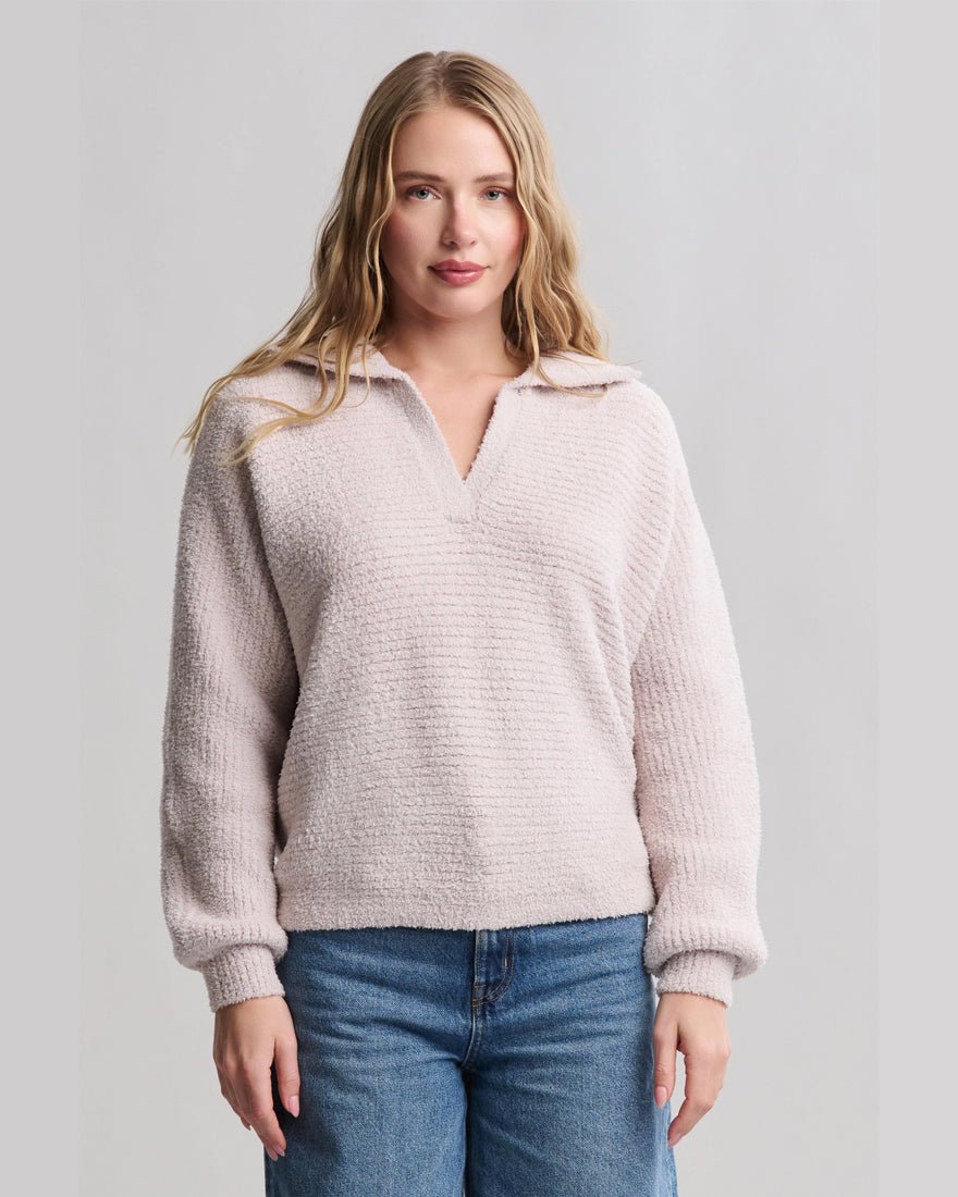 Cozychic Dolman Sleeve Collared Pullover - Stone