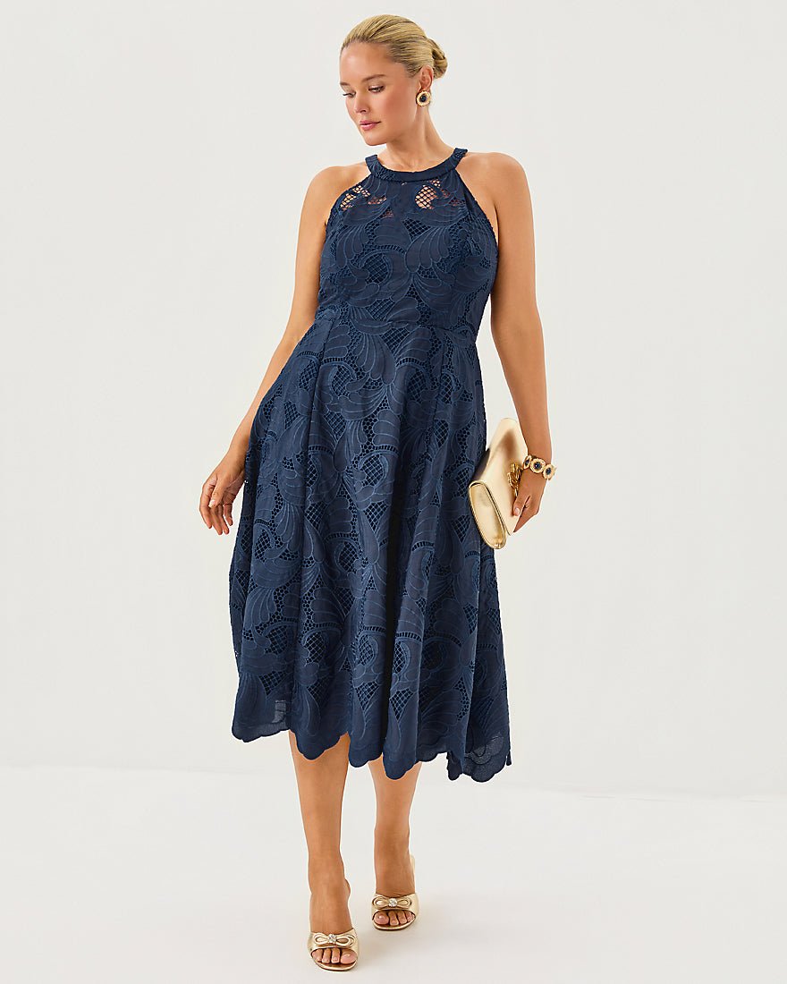 Denise Lace Midi Dress - Low Tide Navy Sway With Me Scalloped Lace