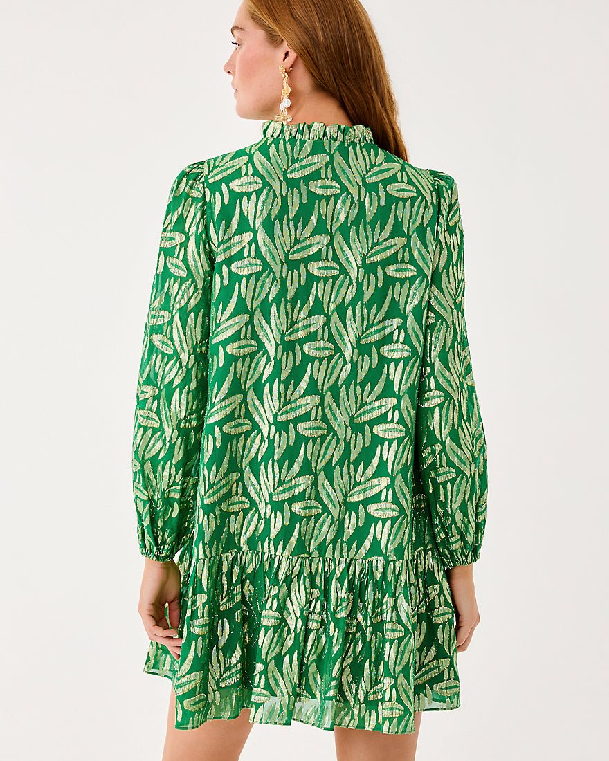 Lilly Pulitzer - Evaline Silk Dress - Bamboo Green Leafy Babe Metallic Silk Clip