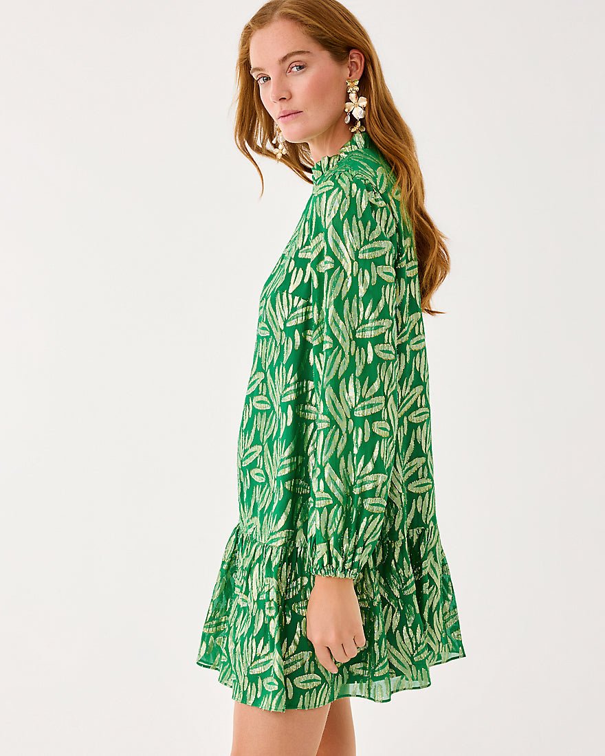 Lilly Pulitzer - Evaline Silk Dress - Bamboo Green Leafy Babe Metallic Silk Clip