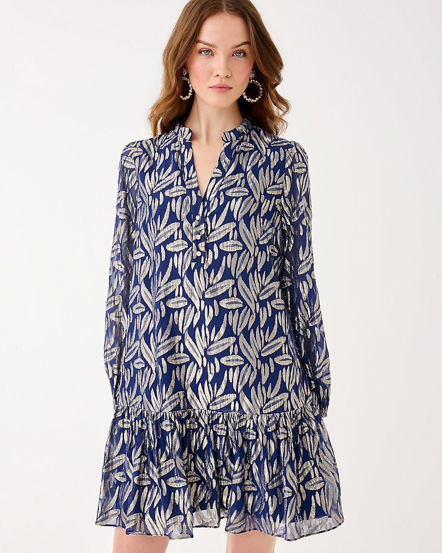 Evaline Silk Dress - Low Tide Navy Leafy Babe Metallic Silk Clip