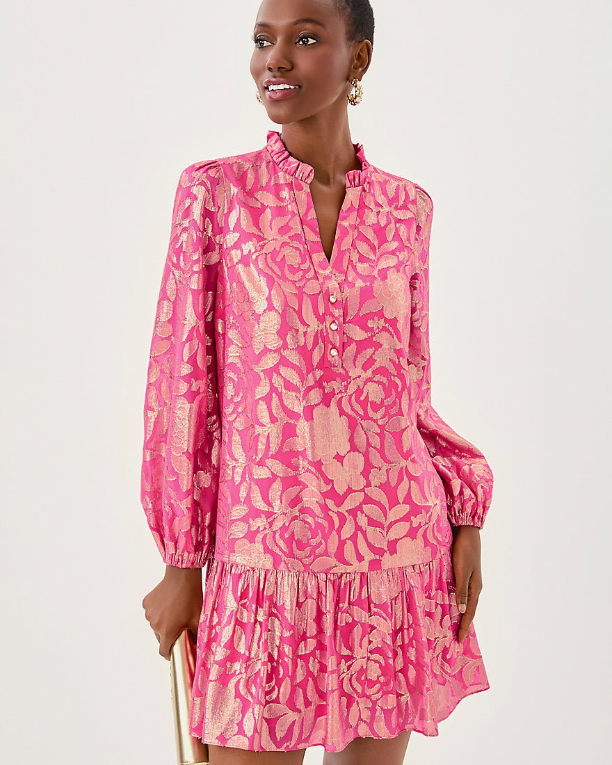 Evaline Silk Dress - Sun Shell Pink Floral Bloom Silk Clip