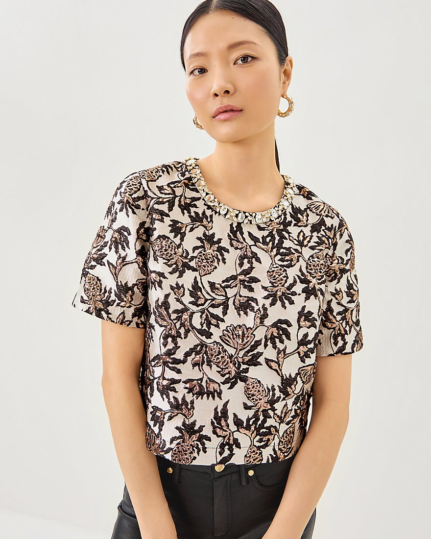 Folie Cropped Top - Noir Pineapple Puff Metallic Jacquard