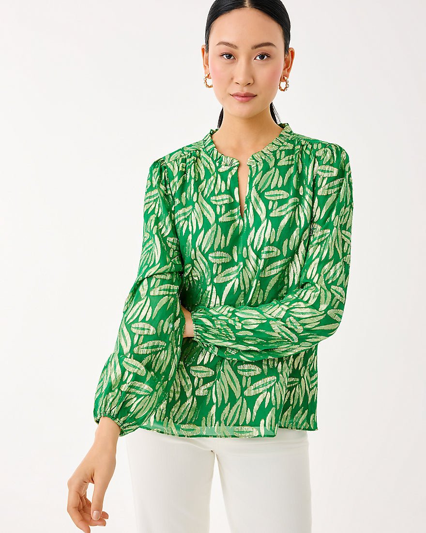 Lilly Pulitzer - Giana Long Sleeve Silk Top - Bamboo Green Leafy Babe Metallic Silk Clip