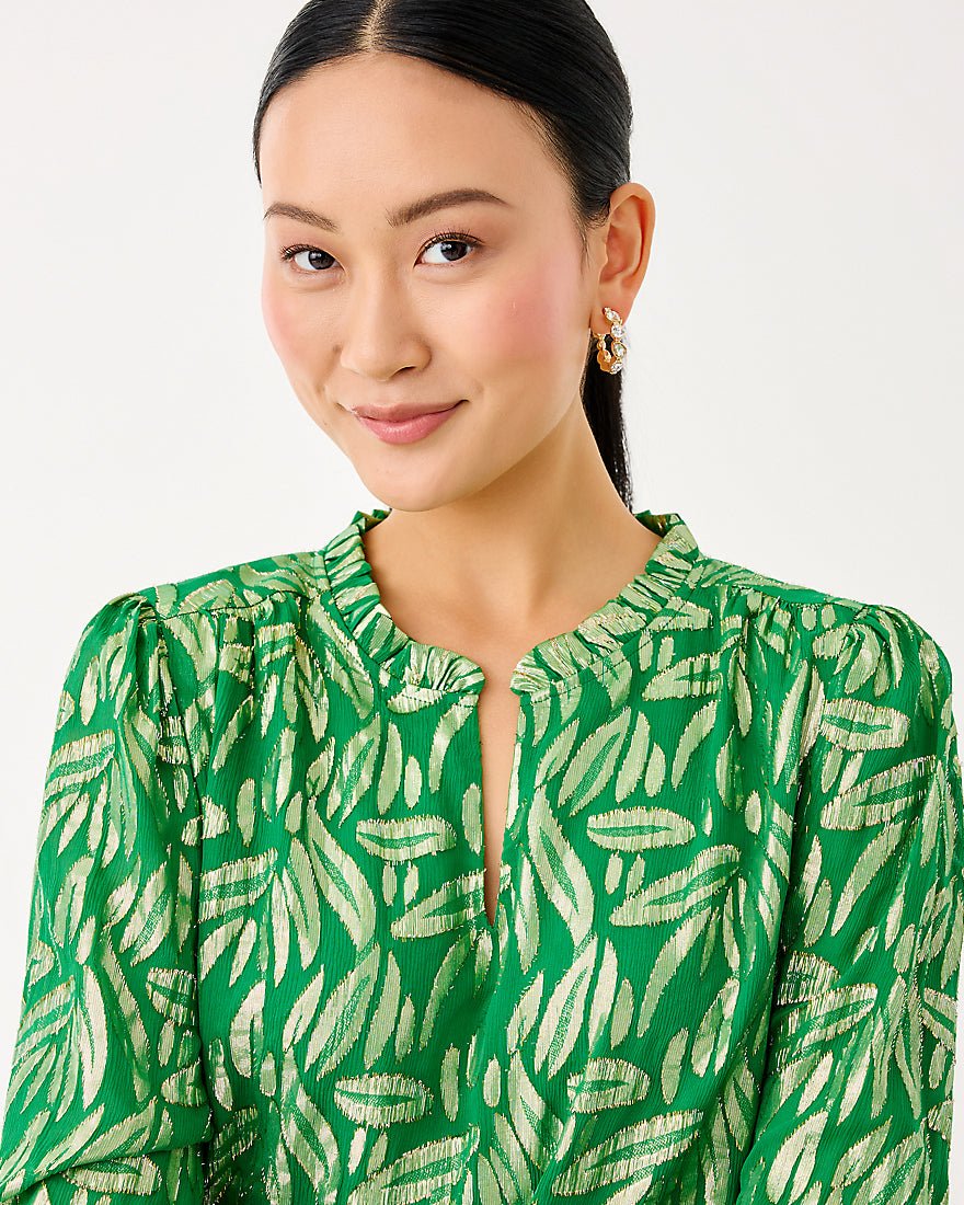 Lilly Pulitzer - Giana Long Sleeve Silk Top - Bamboo Green Leafy Babe Metallic Silk Clip