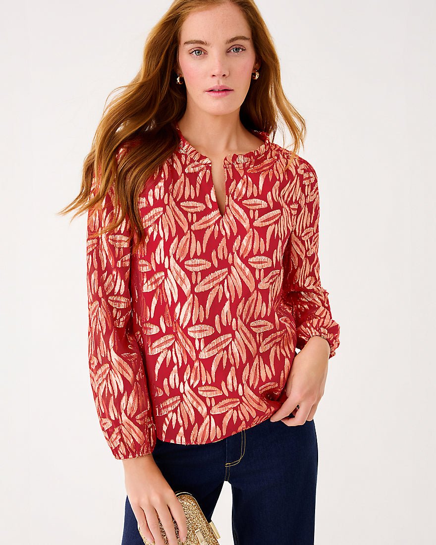 Giana Long Sleeve Silk Top - Cranberry Red Leafy Babe Metallic Silk Clip