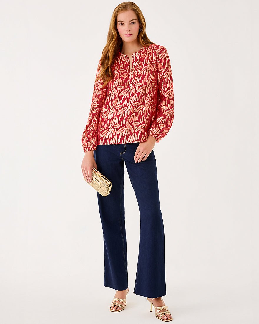Giana Long Sleeve Silk Top - Cranberry Red Leafy Babe Metallic Silk Clip