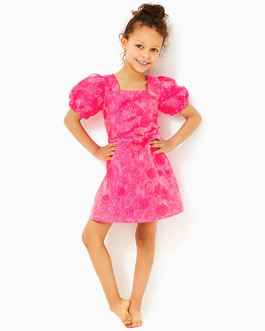 Girls Alannah Dress - Passion Fruit Pink Leaf An Impression Jacquard