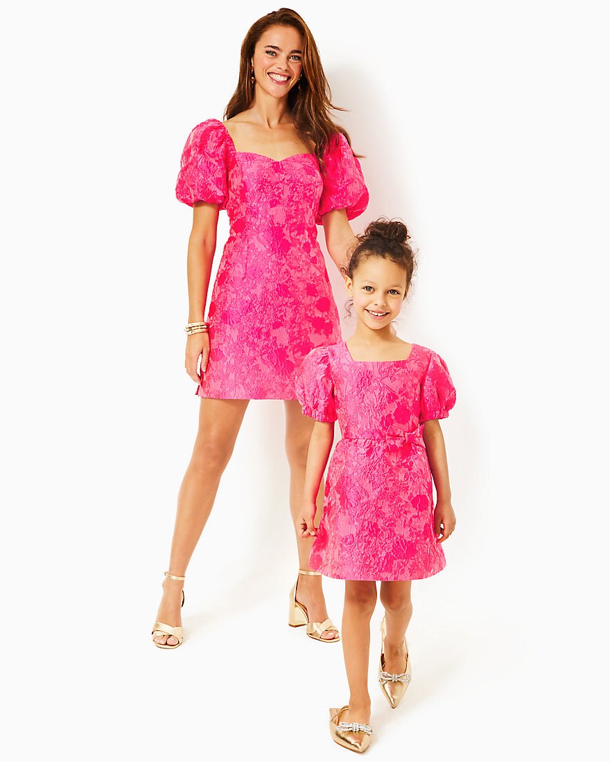 Girls Alannah Dress - Passion Fruit Pink Leaf An Impression Jacquard