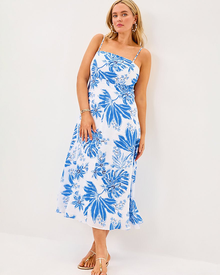 Jorgian Linen Midi Dress - Resort White Jet Set Jungle