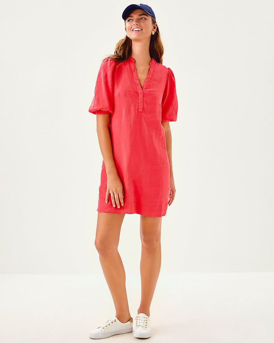 Mialeigh Elbow Sleeve Linen Dress - Cane Coral