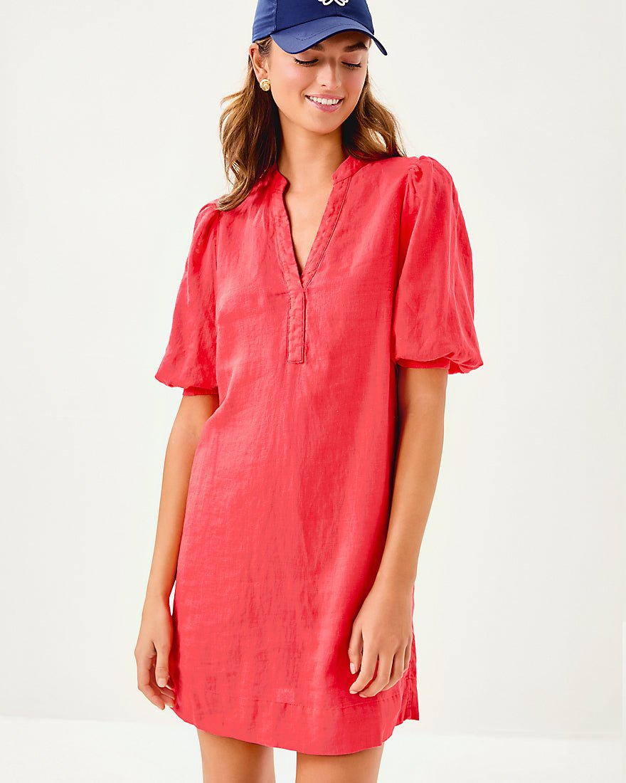 Mialeigh Elbow Sleeve Linen Dress - Cane Coral