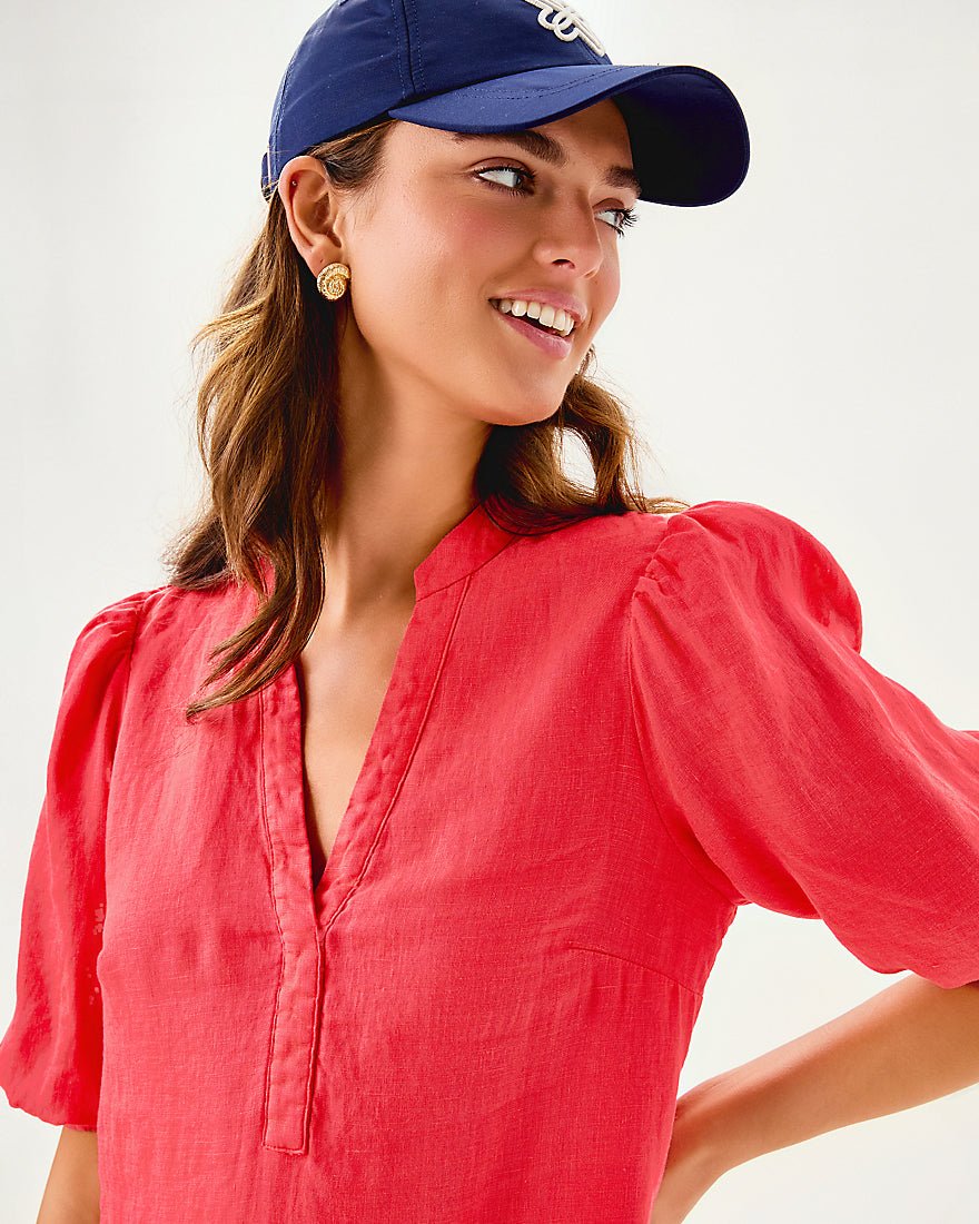 Mialeigh Elbow Sleeve Linen Dress - Cane Coral