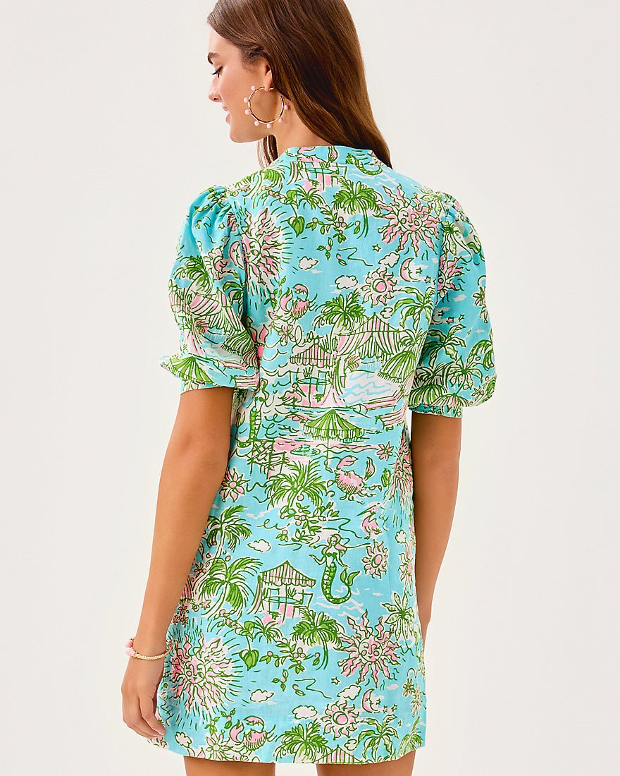 Mialeigh Elbow Sleeve Linen Dress - Fresh Water Blue Sunbathers Bliss