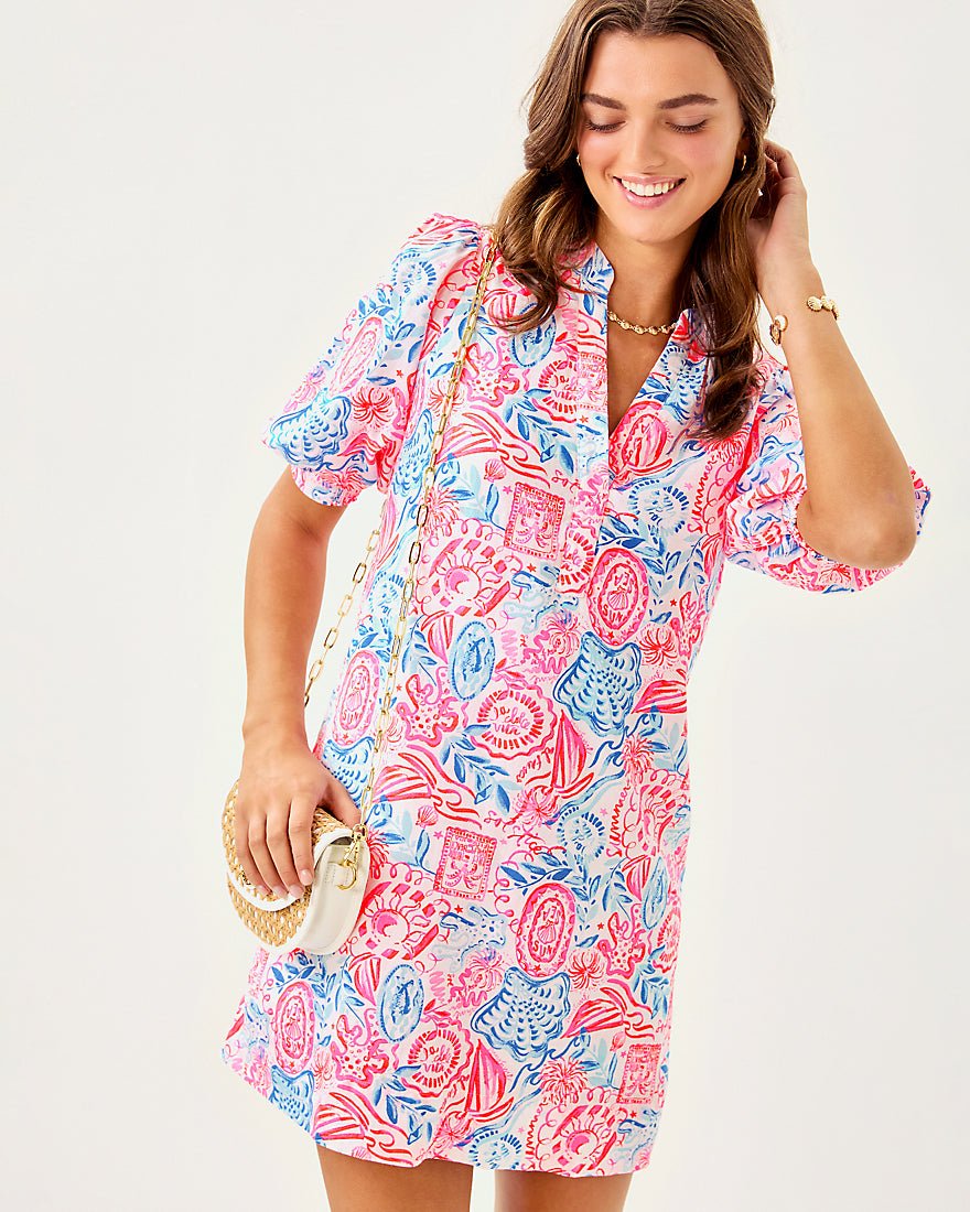 Mialeigh Elbow Sleeve Linen Dress - Resort White Lil Sun Sea Sand