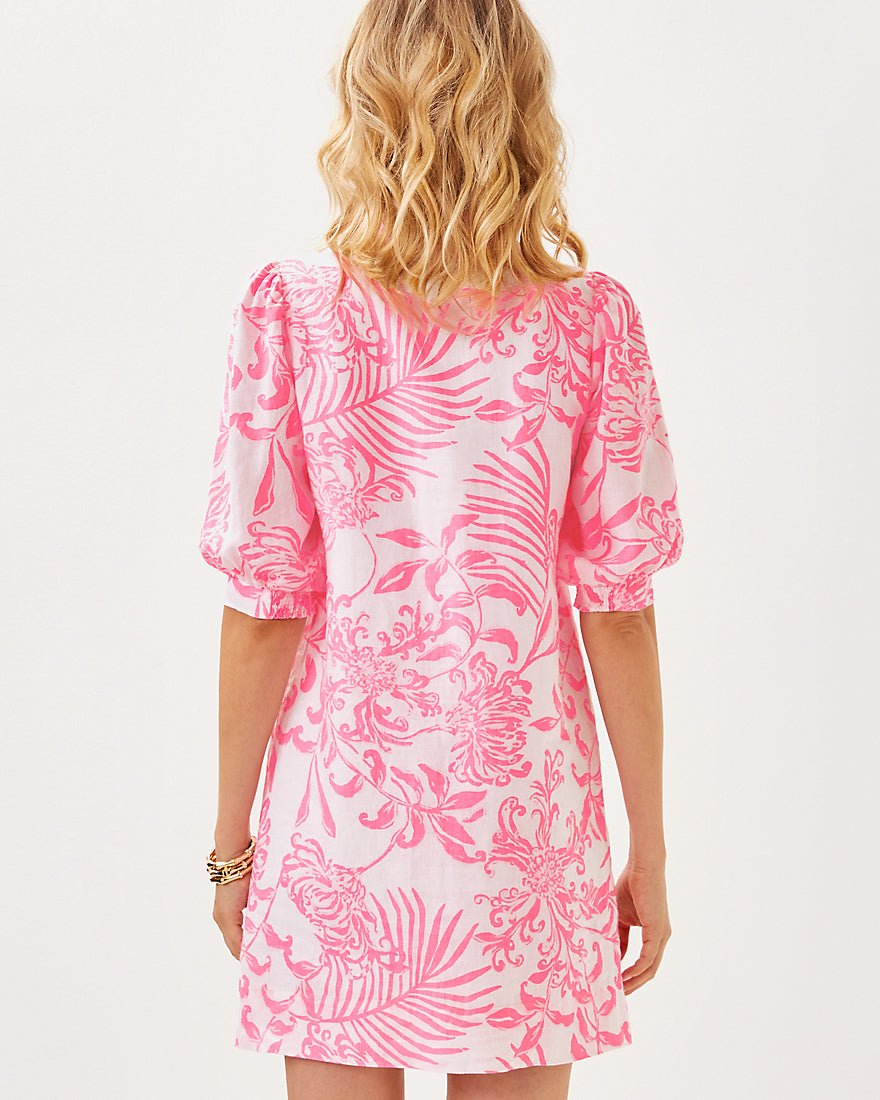 Mialeigh Elbow Sleeve Linen Dress - Rousseau Pink Glisten In The Sun