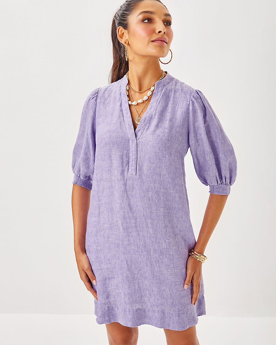 Mialeigh Elbow Sleeve Linen Dress - Tropicalia Purple X Resort White