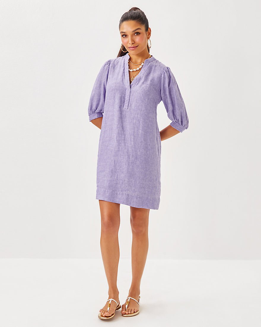 Mialeigh Elbow Sleeve Linen Dress - Tropicalia Purple X Resort White