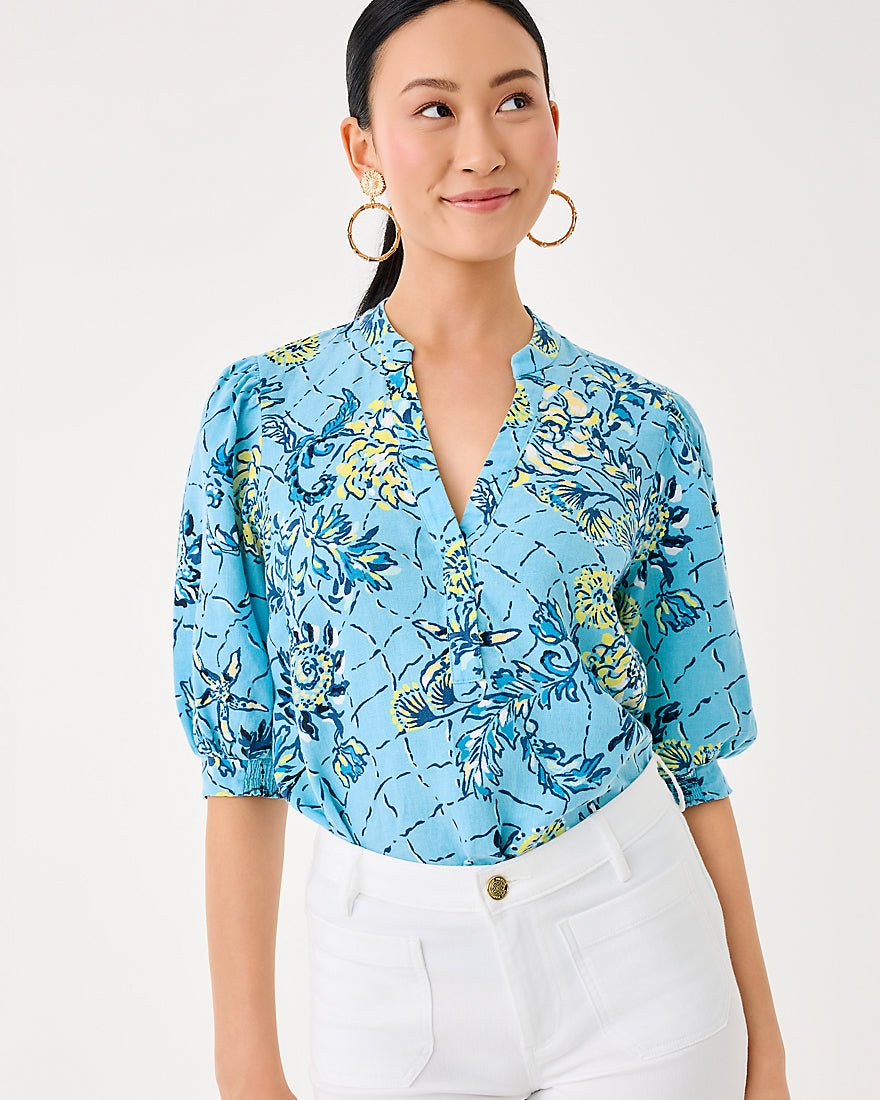 Lilly Pulitzer - Mialeigh Elbow Sleeve Linen Top - Bellevue Blue Breakers Beach