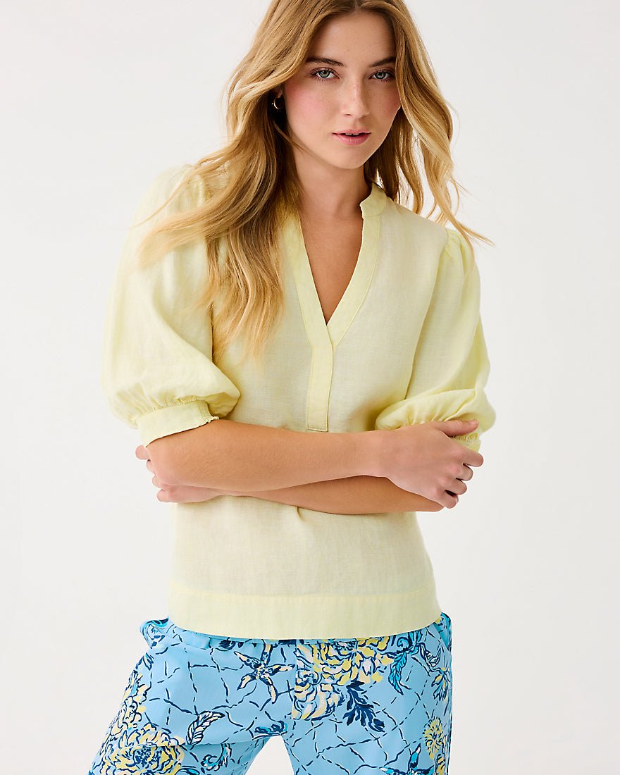 Lilly Pulitzer - Mialeigh Elbow Sleeve Linen Top - Limoncello X Resort White