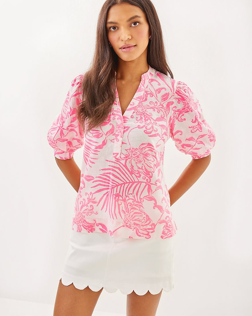 Mialeigh Elbow Sleeve Linen Top - Rousseau Pink Glisten In The Sun