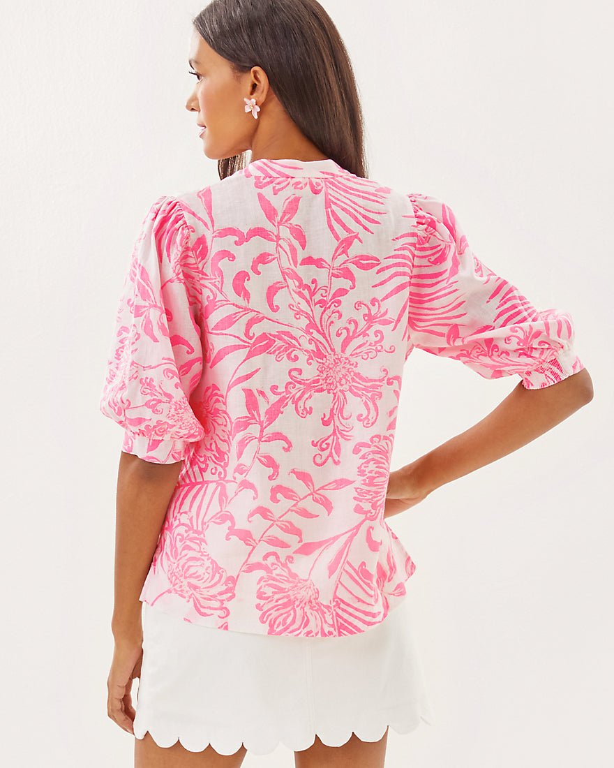 Mialeigh Elbow Sleeve Linen Top - Rousseau Pink Glisten In The Sun