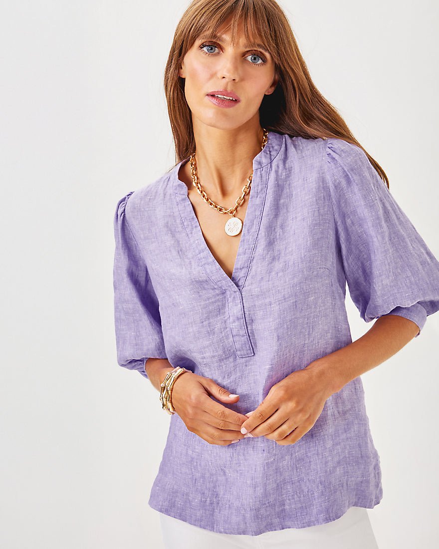 Mialeigh Elbow Sleeve Linen Top - Tropicalia Purple X Resort White