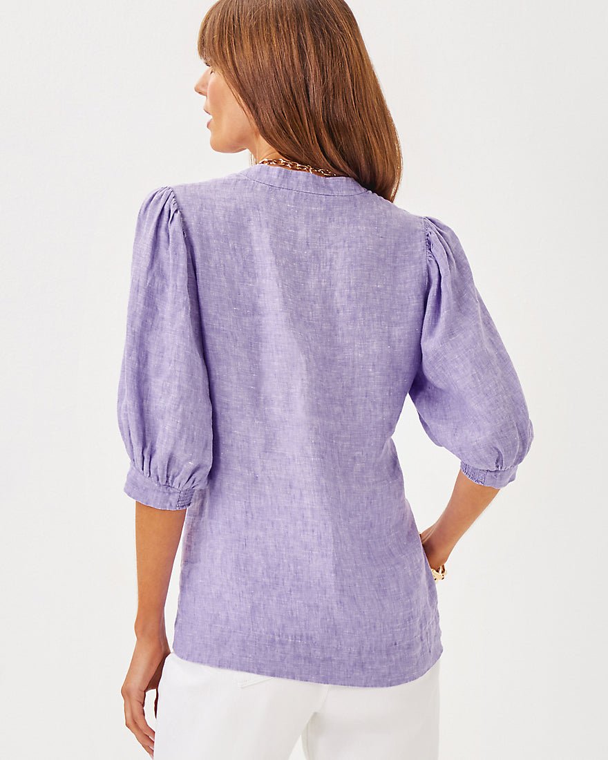 Mialeigh Elbow Sleeve Linen Top - Tropicalia Purple X Resort White