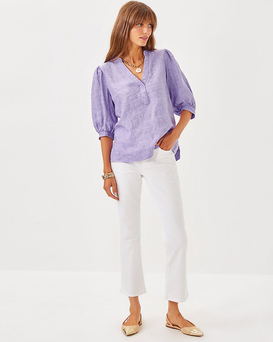 Mialeigh Elbow Sleeve Linen Top - Tropicalia Purple X Resort White