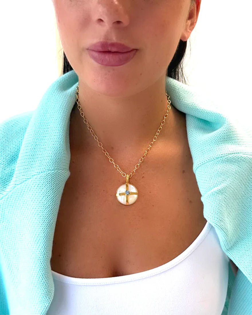 Mother Of Pearl Necklace - Blue Topaz Cross