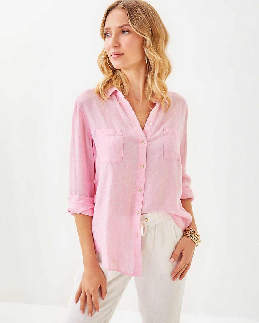 Sea View Button Down Top - Conch Shell Pink X Resort White