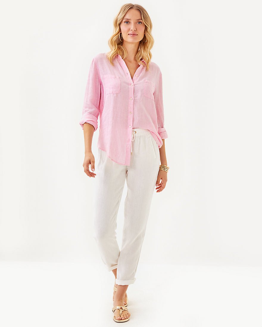 Sea View Button Down Top - Conch Shell Pink X Resort White