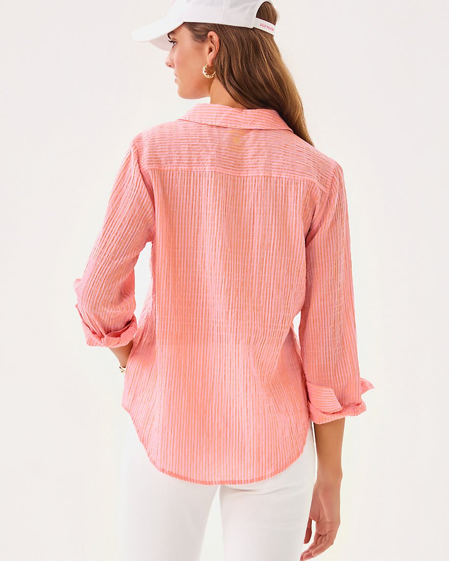Sea View Button Down Top - Papaya X Conch Shell Pink Ltwt Oxford Stripe