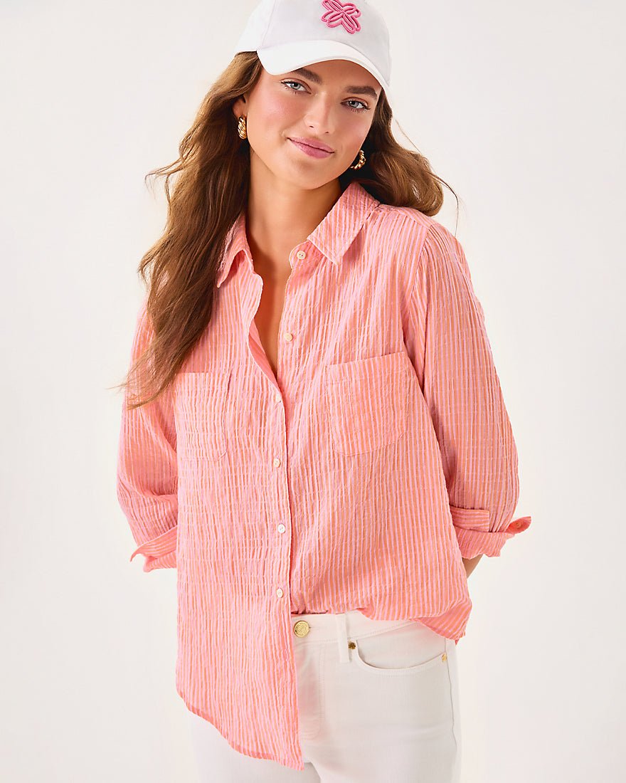 Sea View Button Down Top - Papaya X Conch Shell Pink Ltwt Oxford Stripe