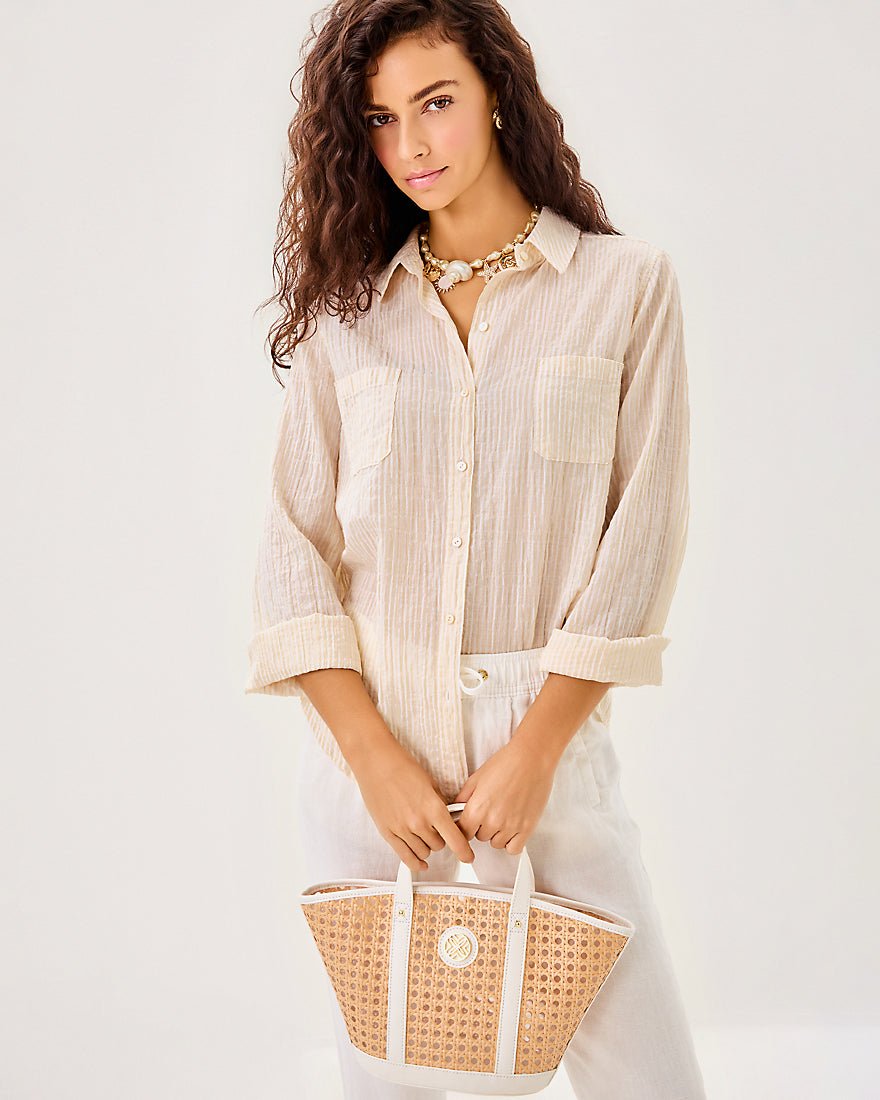 Sea View Button Down Top - Wicker Tan Ltwt Oxford Stripe