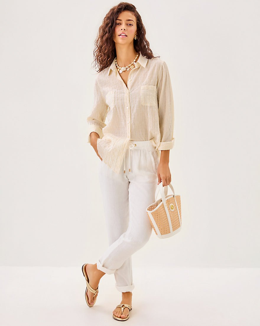 Sea View Button Down Top - Wicker Tan Ltwt Oxford Stripe