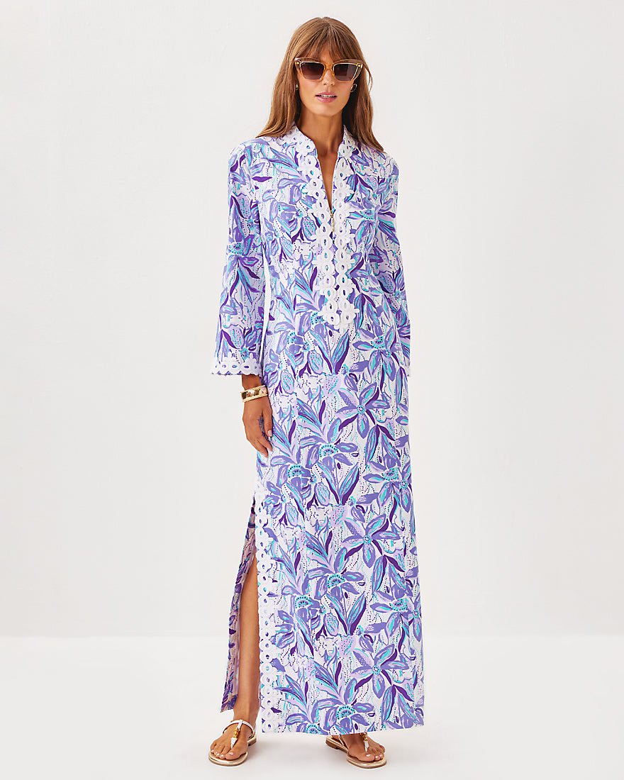 Shealyn Three Quarter Sleeve Stretch Cotton Maxi Caftan Dress - Tropicalia Purple Elephant In The Bloom