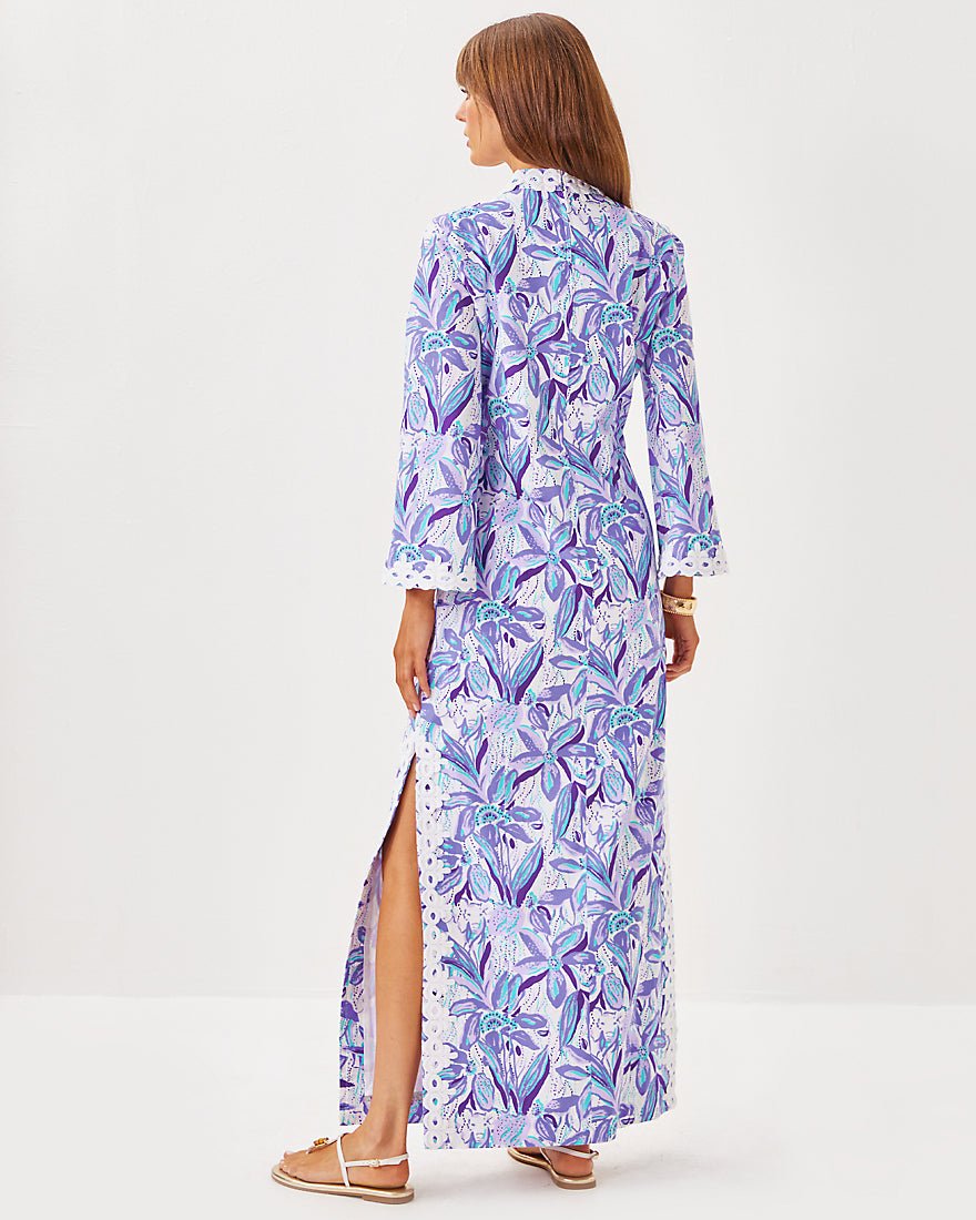 Shealyn Three Quarter Sleeve Stretch Cotton Maxi Caftan Dress - Tropicalia Purple Elephant In The Bloom