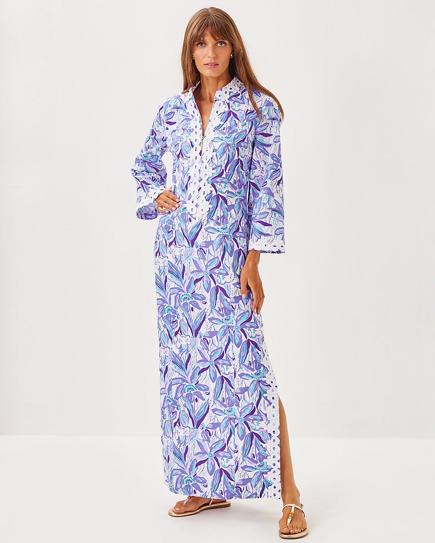 Shealyn Three Quarter Sleeve Stretch Cotton Maxi Caftan Dress - Tropicalia Purple Elephant In The Bloom
