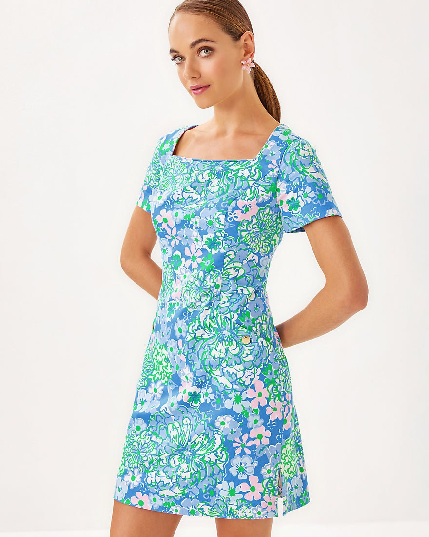 The Short Sleeved Lilly Shift Dress - Sunwashed Blue Plumes In Bloom