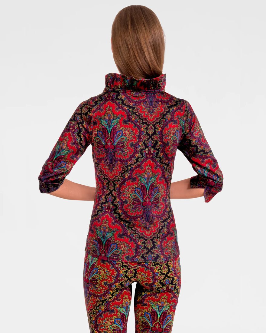 Three Quarter Sleeve Ruffneck Top - Black Passion Paisley
