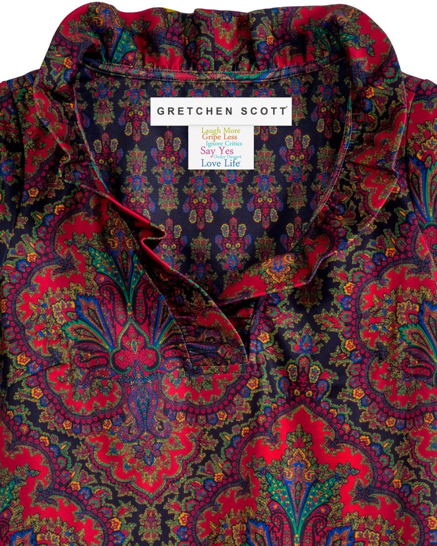 Three Quarter Sleeve Ruffneck Top - Black Passion Paisley