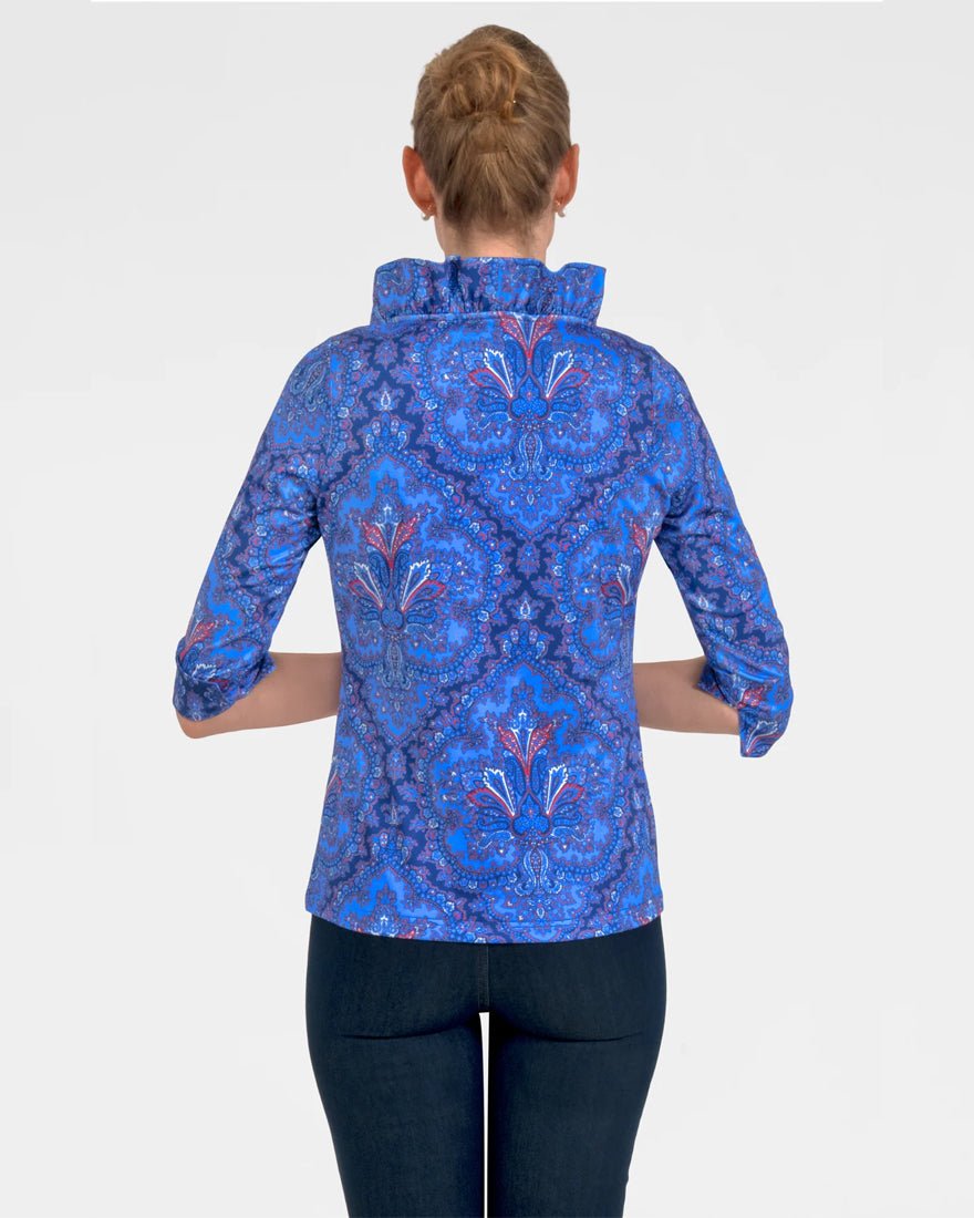 Three Quarter Sleeve Ruffneck Top - Imari Passion Paisley