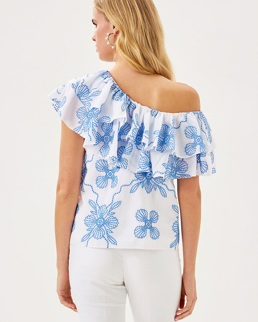 Trixie One Shoulder Ruffle Top - Sunwashed Blue Al Fresco Dot Embroidery