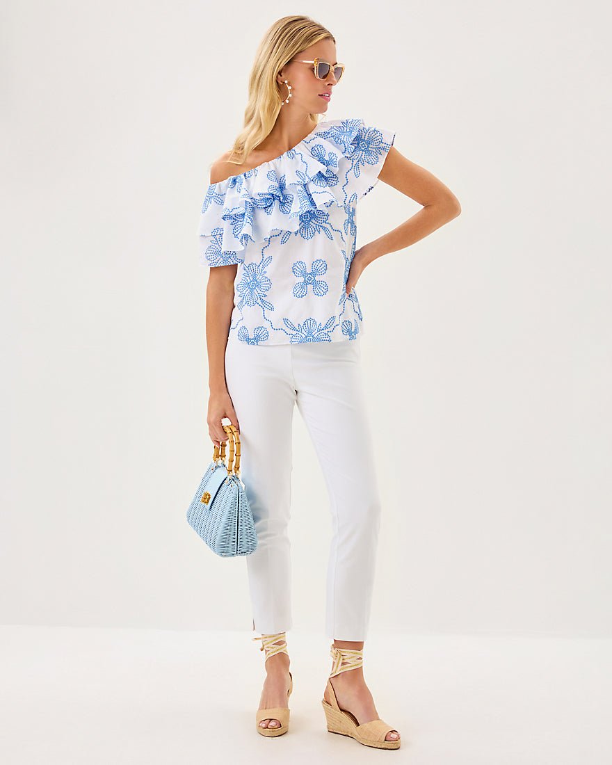 Trixie One Shoulder Ruffle Top - Sunwashed Blue Al Fresco Dot Embroidery