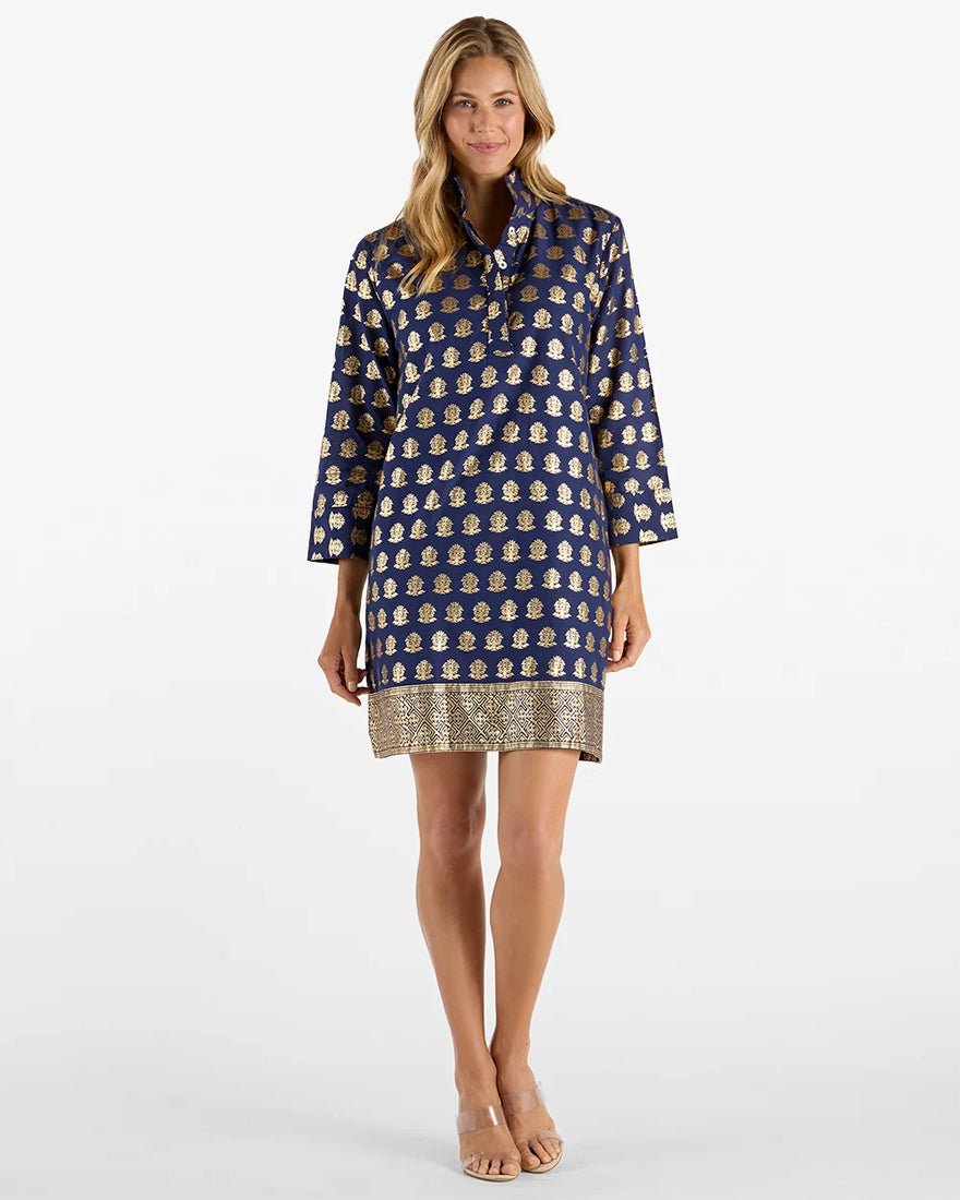 Jude Connally - Helen Dress - Foulard Border Navy Gold